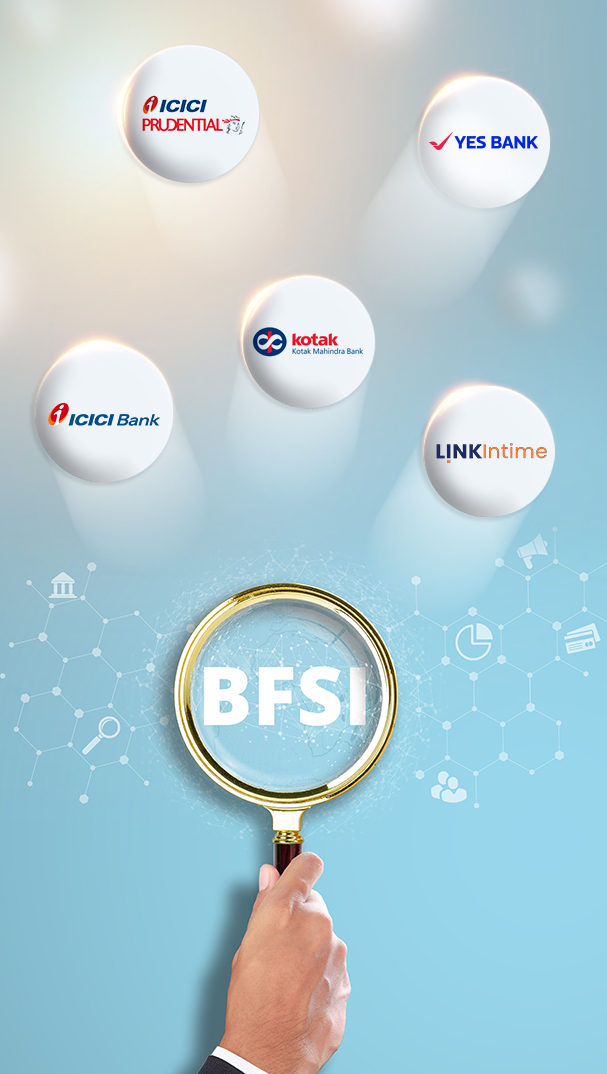 BFSI advertising agency Greysell presents leading financial brands ICICI, Prudential, Yes Bank, Kotak, and Link Intime, emphasizing the Banking, Financial Services, and Insurance sector.