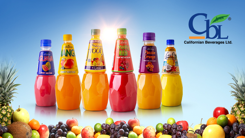 The Californian Beverages Ltd. product line, featuring fruit juices in various flavors and sizes. Packaging design by Greysell, highlighting the vibrant colors and fresh fruit imagery.