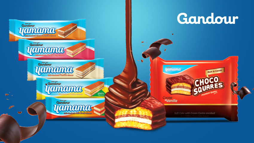 Gandour Choco Squares packaging, showcasing the product and flavor. Image for Greysell's FMCG portfolio.