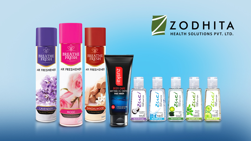 The Zodhita Health Solutions product line, featuring Breathe Fresh air fresheners, Zuska face wash, and hand sanitizers, with a focus on the packaging design by Greysell.