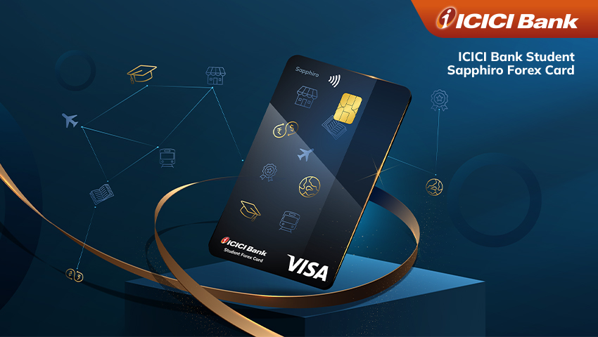 The ICICI Bank Student Sapphiro Forex Card, showcasing its sleek design and global connectivity, created by Greysell Company.