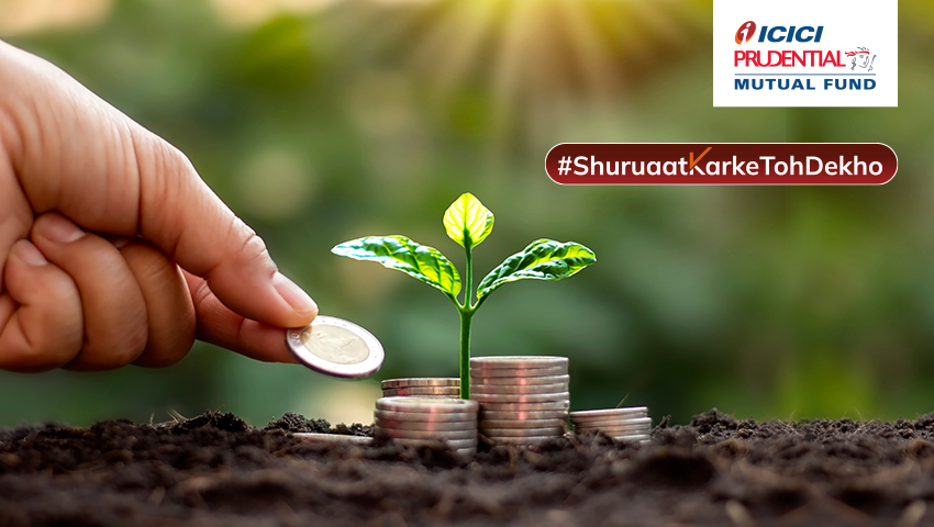 ICICI Prudential Mutual Fund: Hand placing a coin on a stack of coins, nurturing a growing plant. Created by Greysell.