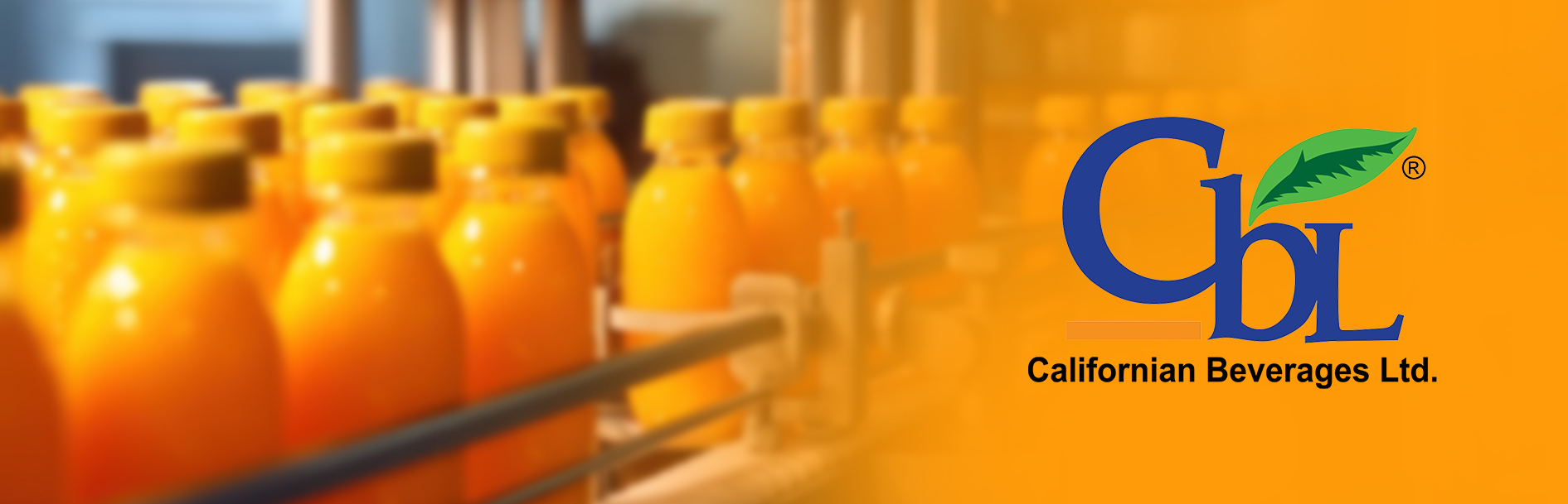 Row of Californian Beverages Ltd. orange juice bottles on a conveyor belt, with the CBL logo. Design by Greysell.