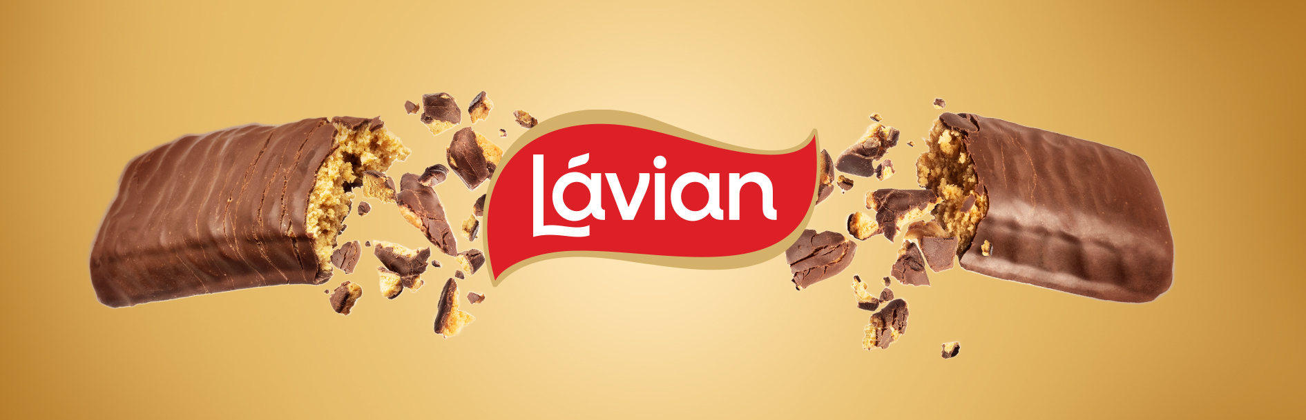 L'avian chocolate bar broken in half, showing the inside texture and ingredients, with the logo. Design by Greysell.