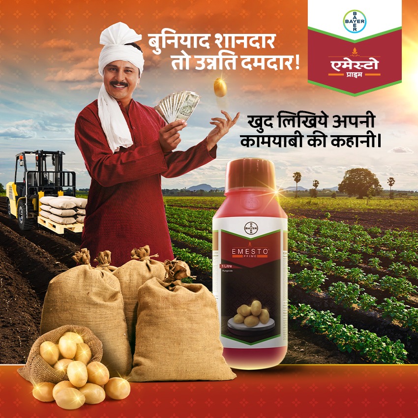 Image featuring the Hindi text बीजोपचार दमदार, उन्नति शानदार (Beejopchar Damdar, Unnati Shandar - Powerful Seed Treatment, Remarkable Progress) with a stylized graphic combining a seed and a rupee symbol. Design created by Greysell.