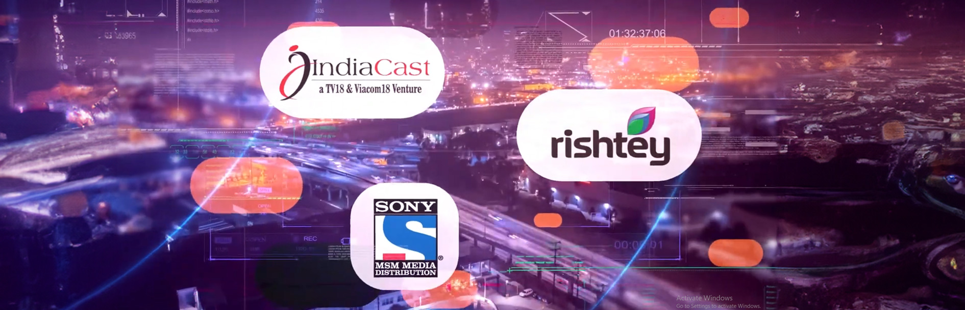 Digital-themed promotional banner featuring logos of IndiaCast, Rishtey, and Sony MSM Media Distribution against a futuristic cityscape background. Designed by Greysell.