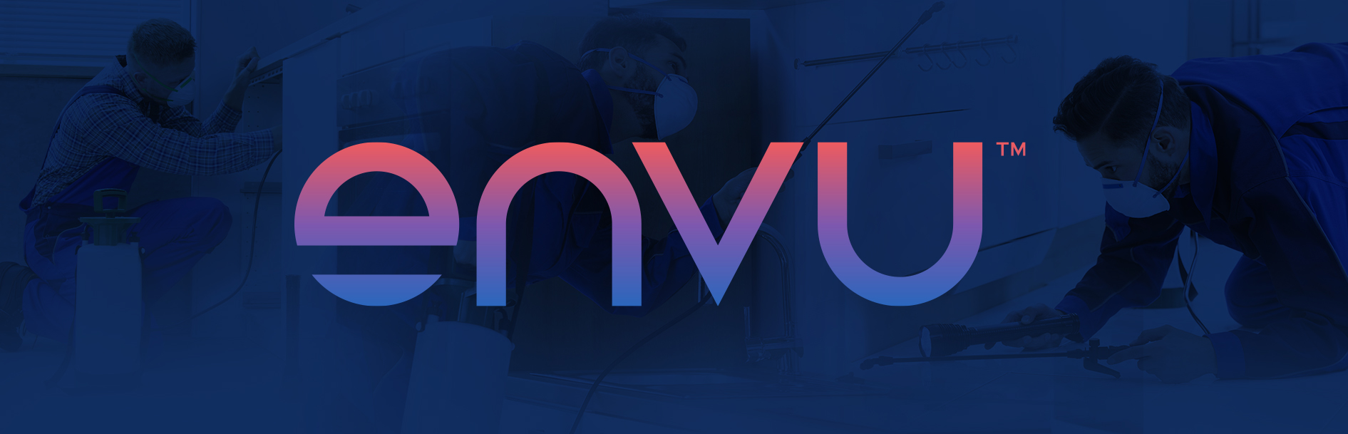 Envu logo in a blue and red gradient, with the TM symbol, overlaid on a background with silhouetted workers. Design created by Greysell.