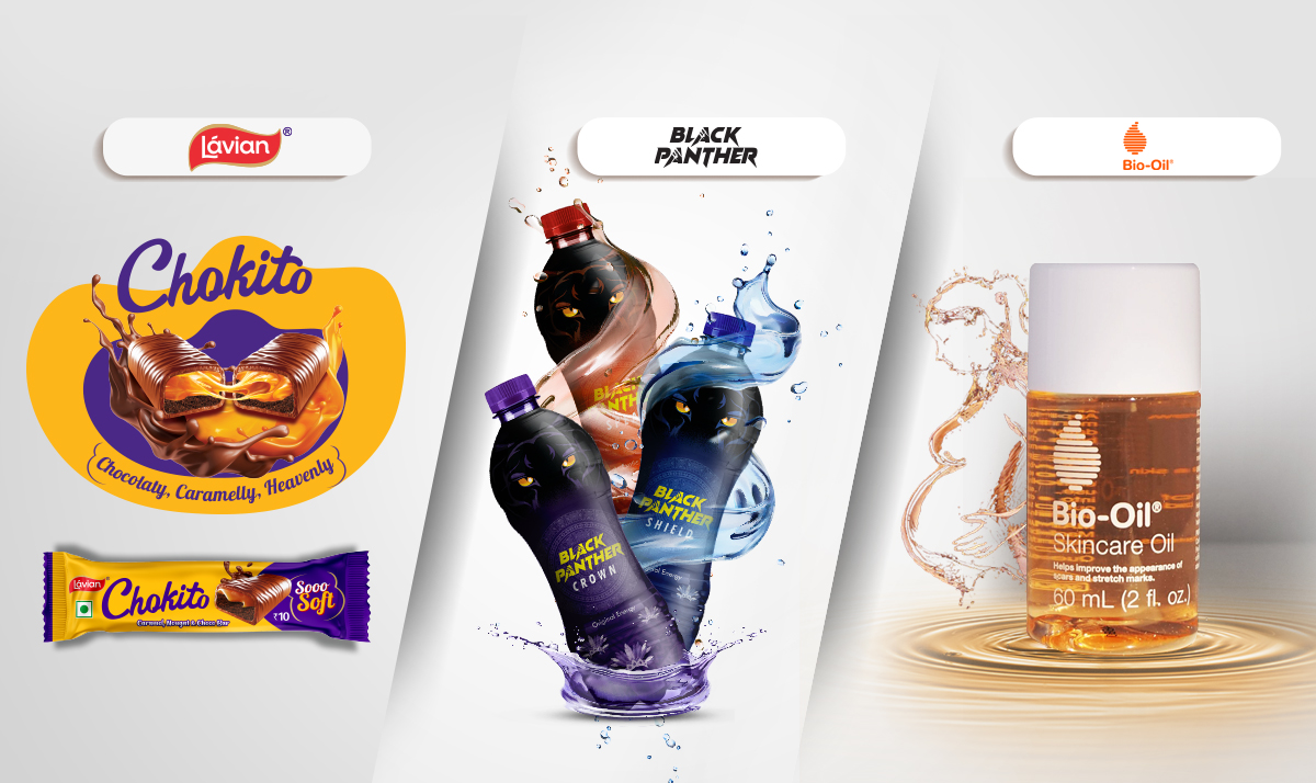 Image showcasing a diverse range of products including Lávian Chokito chocolate, Black Panther Energy Drinks, and Bio-Oil skincare oil. This image likely represents Greysell's capabilities in creating visually appealing and impactful product imagery for a variety of clients across different industries.