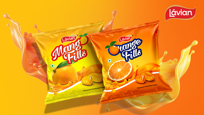 Packaging design for Lávian Mango Fills and Orange Fills flavored center-filled candy, created by Greysell. The vibrant design features juicy mango and orange visuals with splashes of flavor, enhancing the appeal of the product.