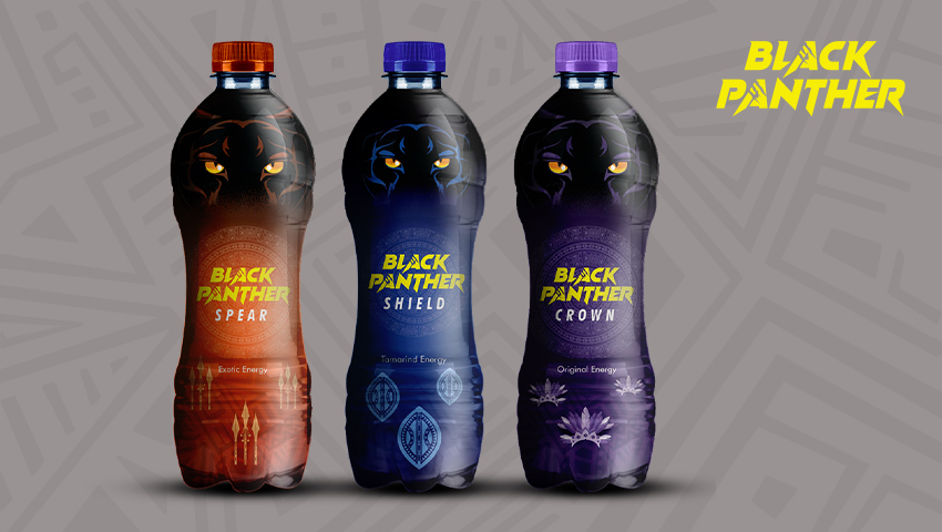 The Black Panther Energy Drink packaging design, created by Greysell, features three bottles with unique designs inspired by the Black Panther movie, each with a distinct flavor.