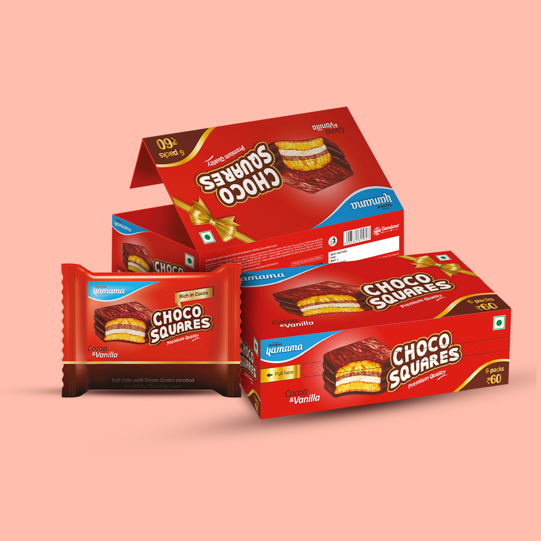 Three packs of Gandour Choco Squares, showcasing the chocolate and vanilla flavors. Design by Greysell.