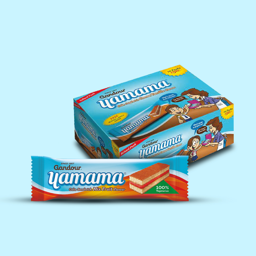 Gandour Yamama Cake Sandwich in packaging and loose, showing the layers. Design by Greysell.