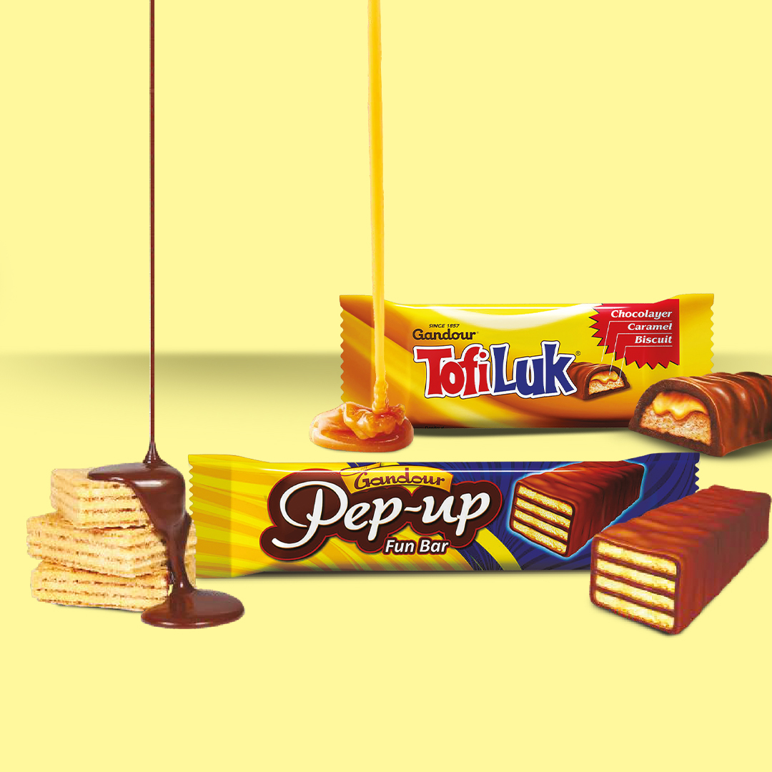 Gandour Tofi Luk and Pep-up chocolate bars with caramel and chocolate drizzles. Design by Greysell.