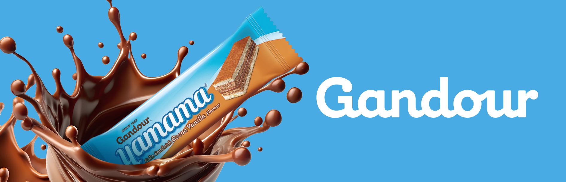 Close-up of Gandour Yamama chocolate sandwich wafer bar with a dynamic chocolate splash. Design by Greysell.