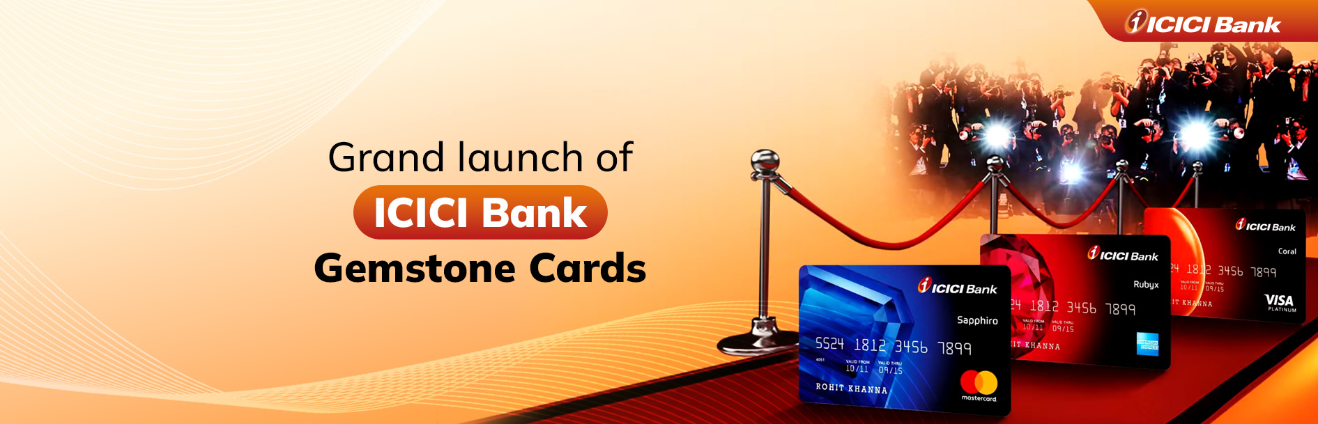 Grand launch visual for ICICI Bank Gemstone Cards, featuring the cards and event details. Design by Greysell