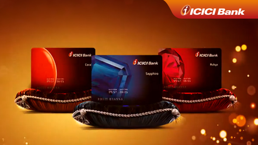 ICICI Bank Credit Cards: Coral, Sapphiro, and Rubyx, displayed on a luxurious cushion. Created by Greysell.