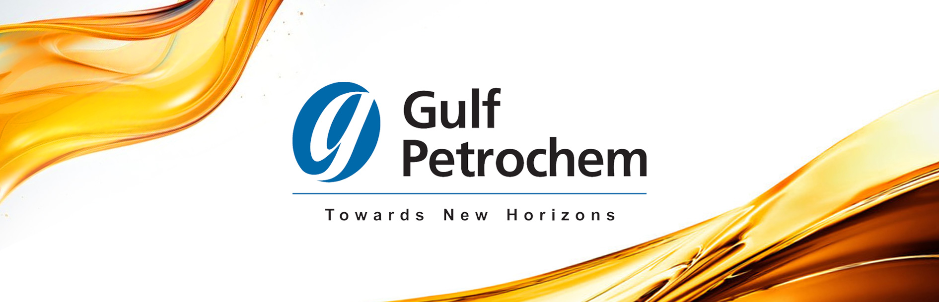 Gulf Petrochem banner featuring a sleek design with golden fluid swirls and the tagline 'Towards New Horizons.' Designed by Greysell