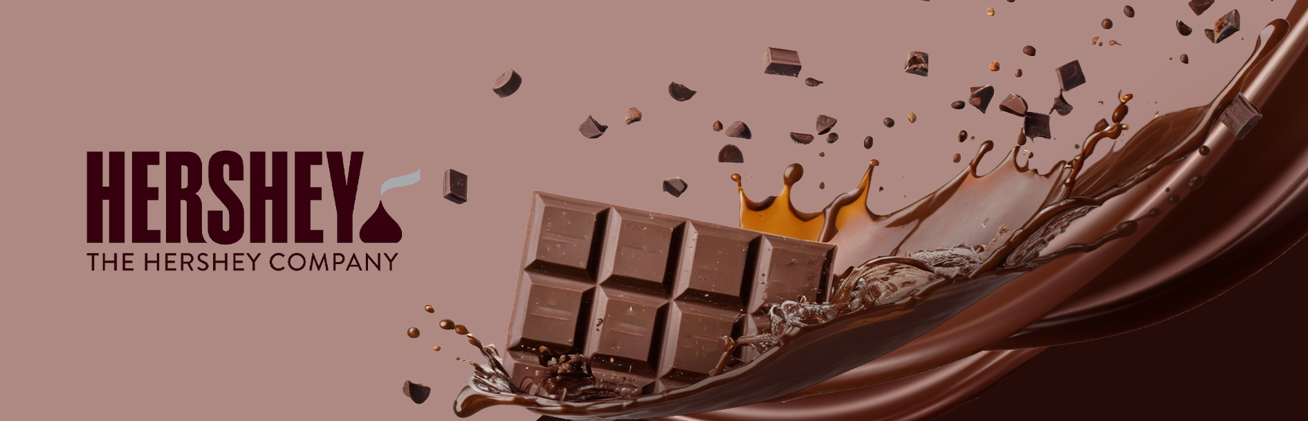 Hershey's logo and chocolate bar with a dynamic splash of melting chocolate and chocolate pieces. Design by Greysell.