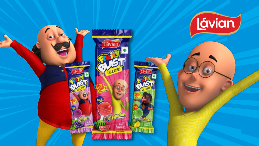 Lávian Fruity Blast Lollipop packaging featuring Motu Patlu characters, designed by Greysell for the FMCG industry.