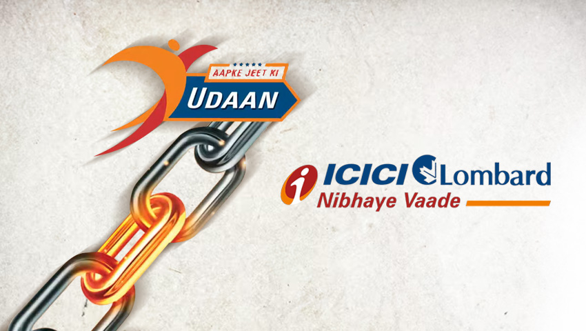 Image showcasing a chain symbolizing strength and interconnectedness, with the tagline 'Aapke Jeet Ki Udaan' (Your Flight of Victory). This image is likely part of a marketing campaign by ICICI Lombard, a leading insurance company in the BFSI industry, created by Greysell Company.