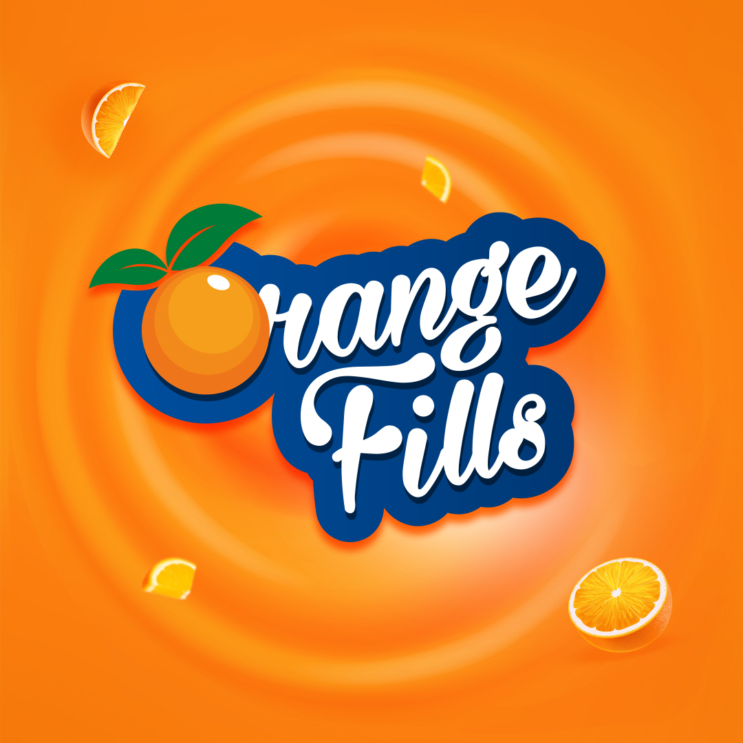 Orange Fills logo with an orange illustration and sliced oranges on an orange background. Design by Greysell.