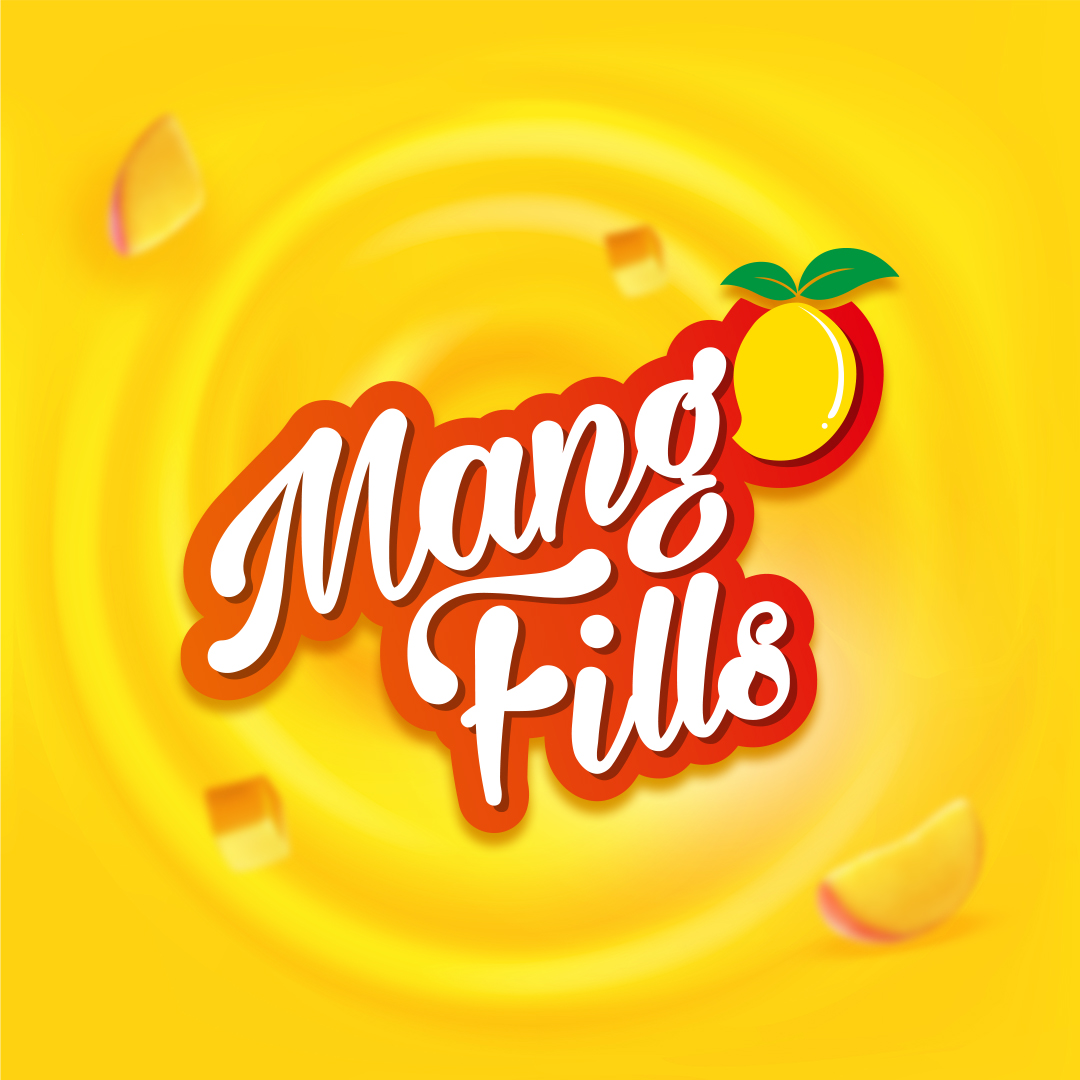 Mango Fills logo with a mango illustration and mango pieces on a yellow background. Design by Greysell.