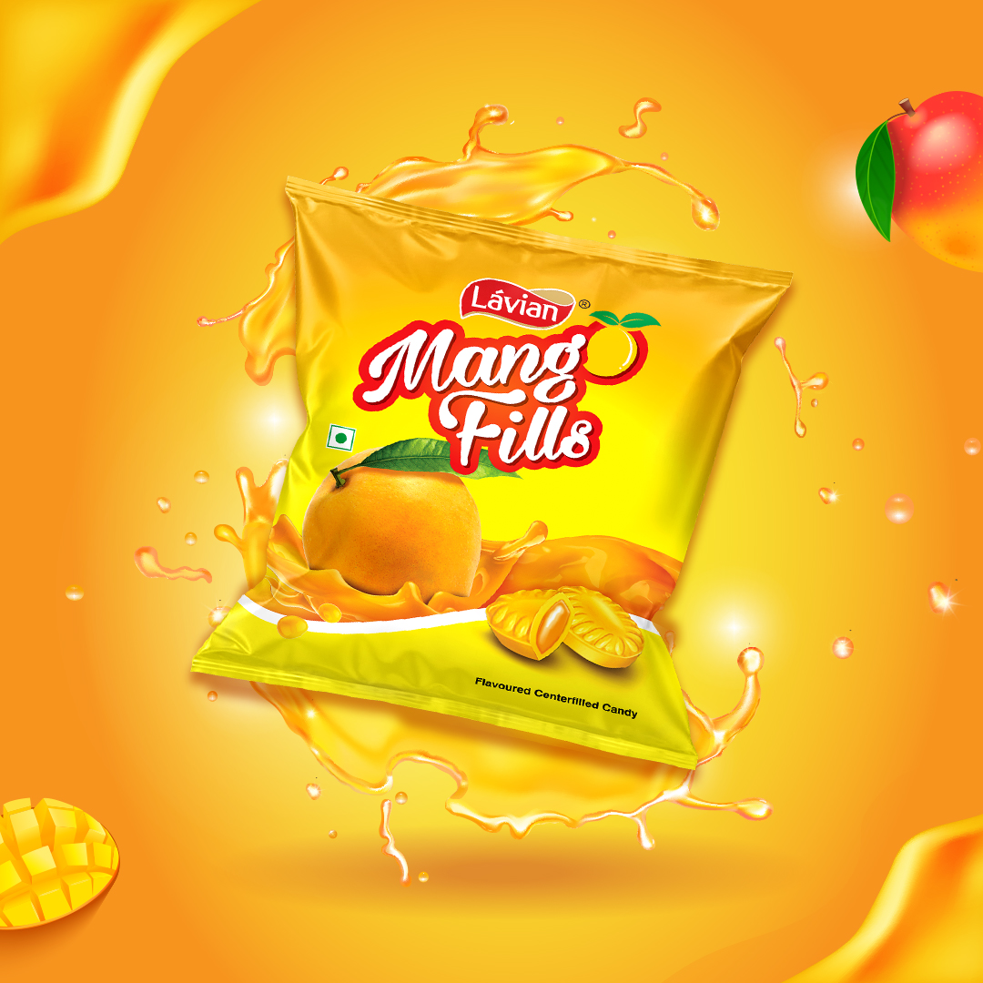 Lavian Mango Fills: Flavored center-filled hard candies with a refreshing mango taste, shown in their vibrant packaging with mango imagery and juice splashes. Designed by Greysell.