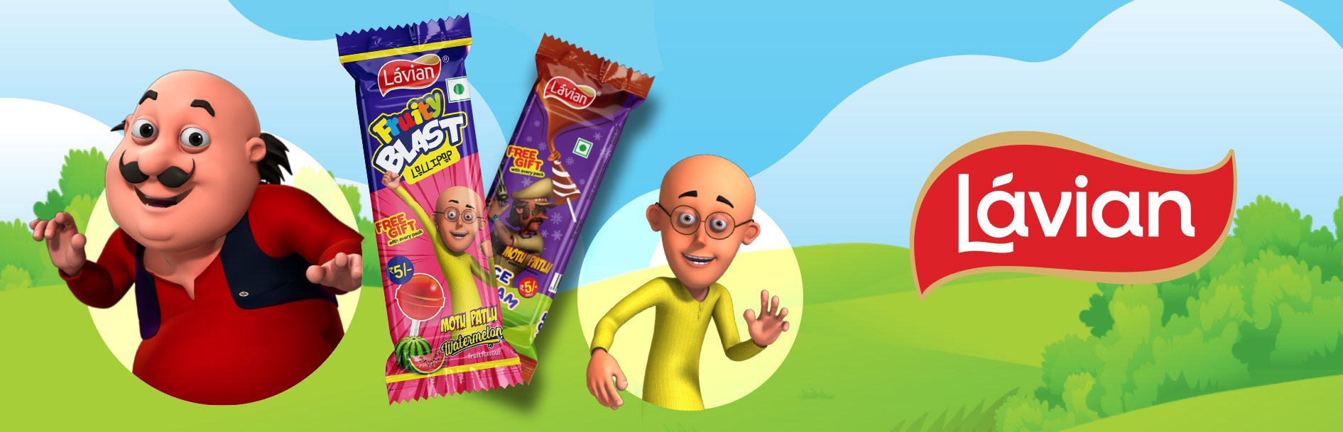 Luvian Fruity Blast candy featuring Motu Patlu characters, Greysell design.