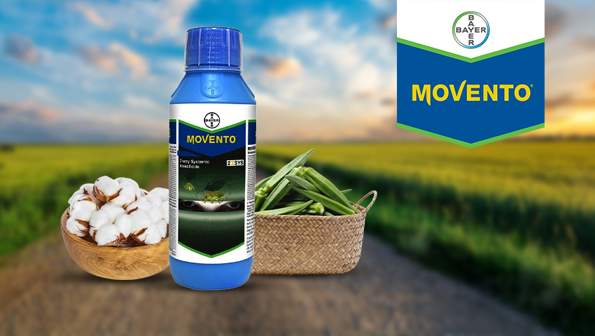 Image showcasing the Movento insecticide bottle with a vibrant green field background, highlighting its use in crop protection. Created by Greysell Company, a leading marketing agency specializing in the agro industry.