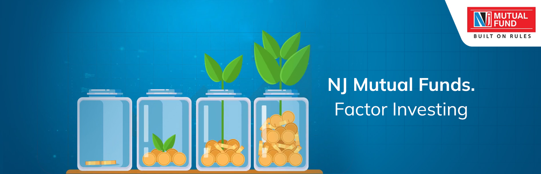 NJ Mutual Fund ad with growing plants and coins, promoting factor investing. Created by Greysell.