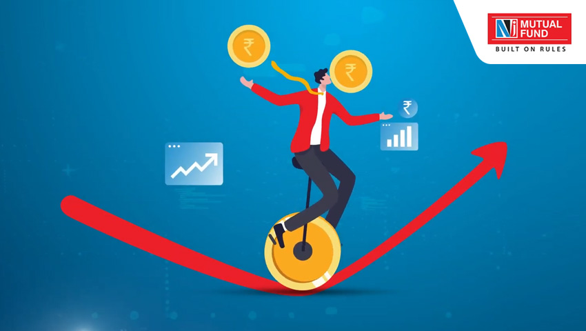 NJ Mutual Fund Investment: A man balancing on a unicycle with a coin, symbolizing financial growth and stability. Created by Greysell.