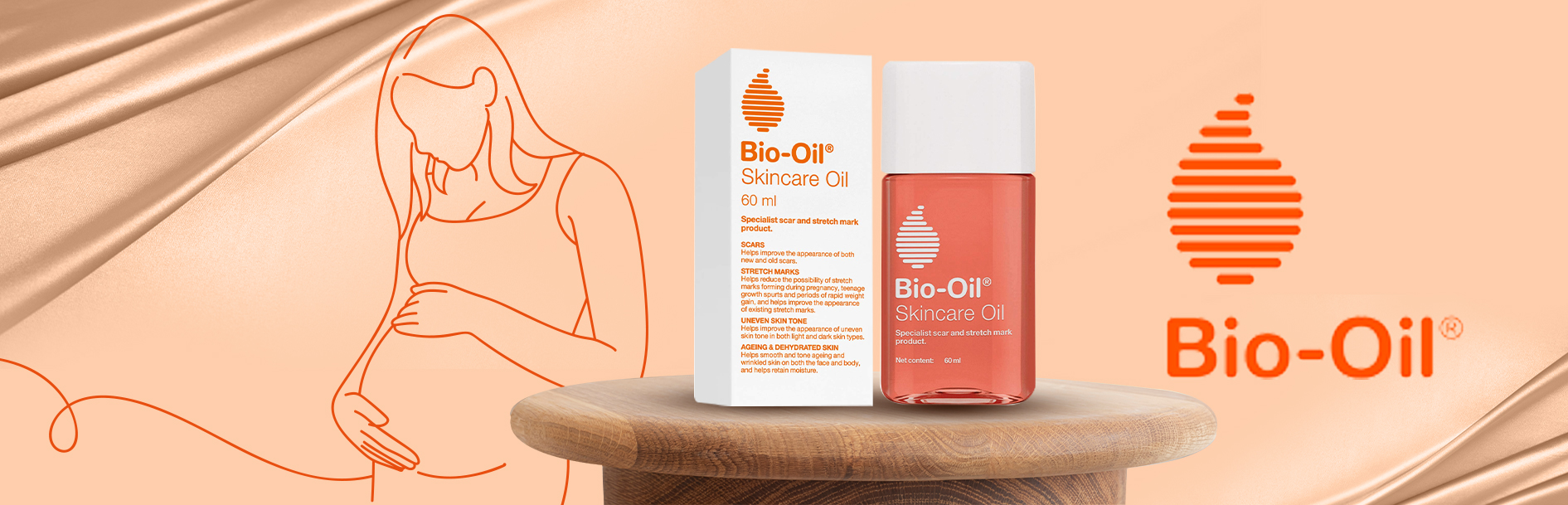 Bio-Oil skincare oil bottle and box on a wooden stand, with a line-art illustration of a pregnant woman. Design by Greysell.