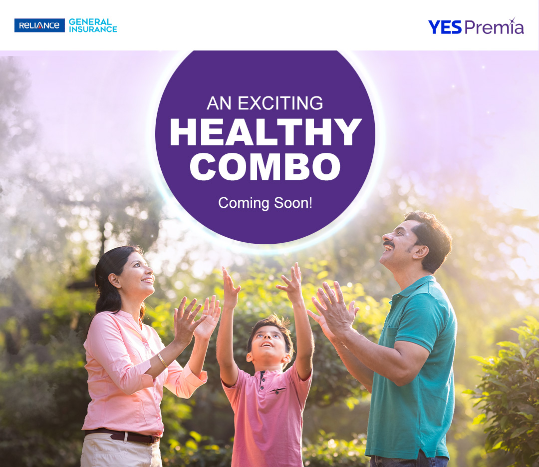 Reliance General Insurance and YES Premia logos, with the tagline AN EXCITING HEALTHY COMBO and Coming Soon! Created by Greysell.