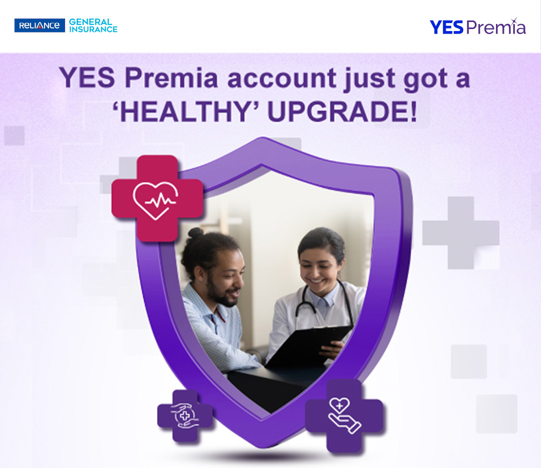 Reliance General Insurance and YES Premia logos, with the tagline YES Premia account just got a 'HEALTHY' UPGRADE! Created by Greysell.