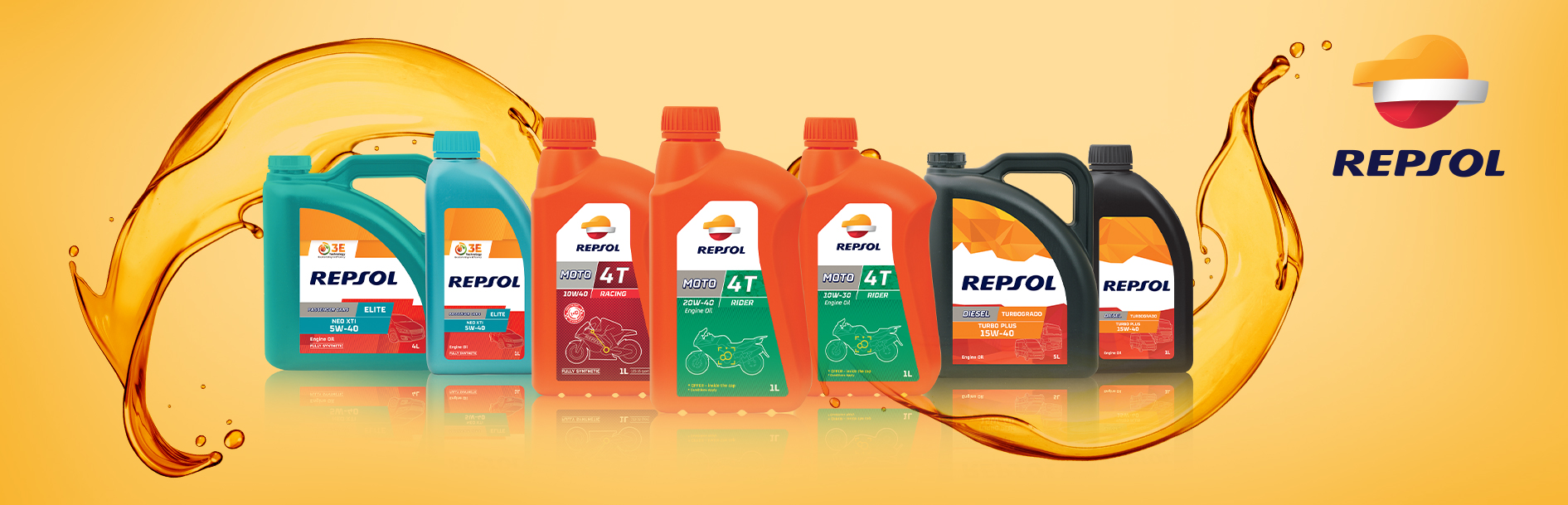 Row of Repsol motor oil bottles (various types) against a yellow background with oil splash graphic. Design by Greysell.