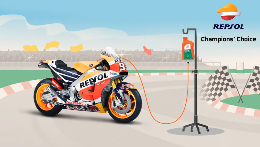 Repsol Honda MotoGP: Image showcasing a Repsol Honda MotoGP motorcycle being fueled with Repsol racing fuel, emphasizing the brand's partnership with the team.