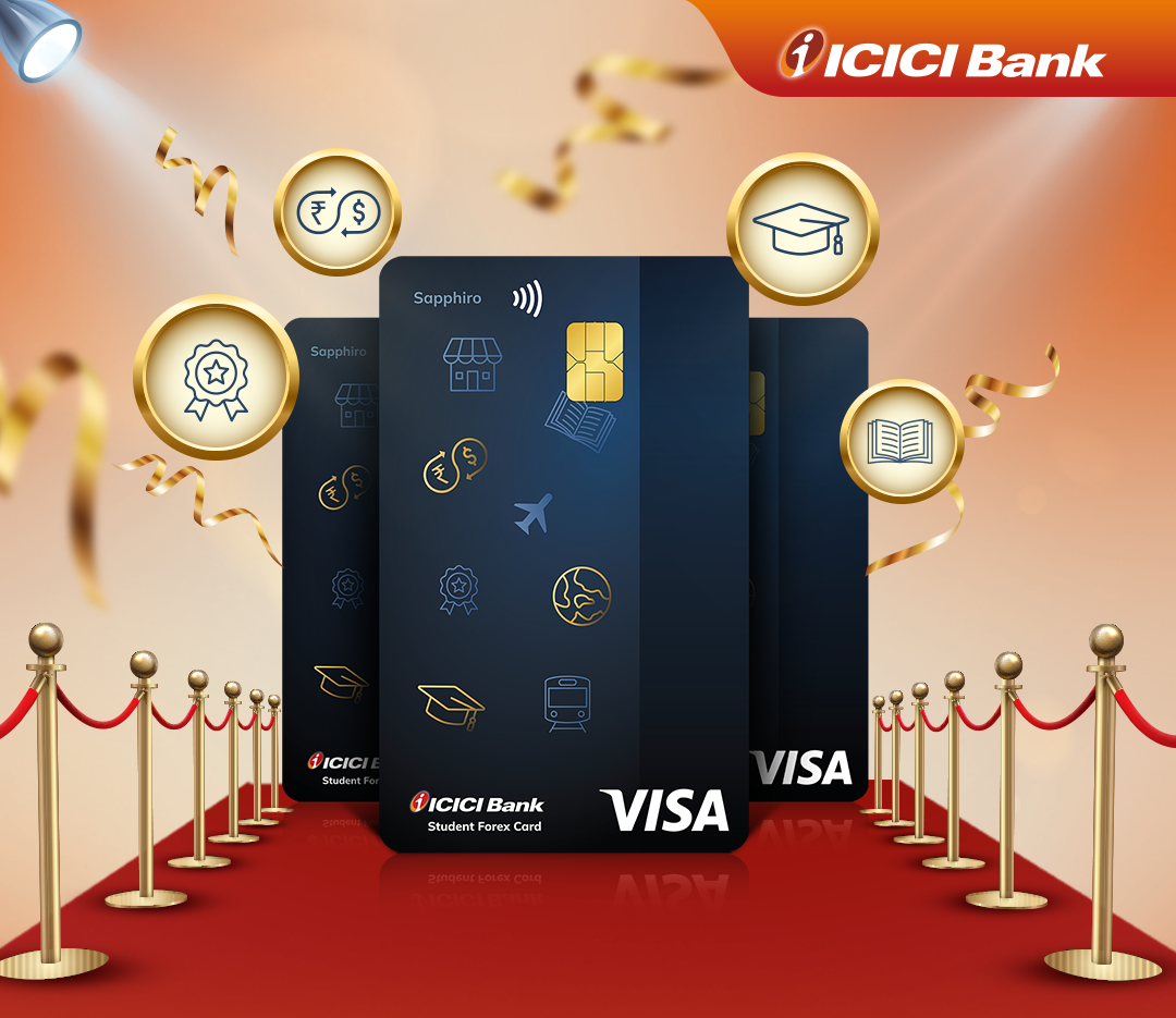 ICICI Bank Student Sapphiro Forex Card design, featuring key benefits and logos. Design by Greysell