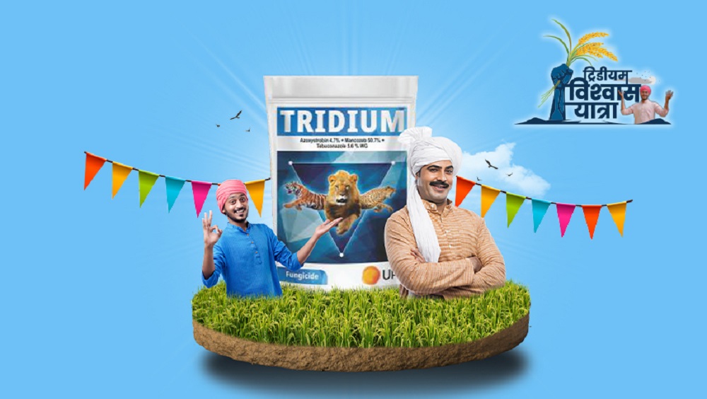 The Tridium Fungicide ad, created by Greysell, showcases the product with its key ingredients (Azoxystrobin and Mancozeb) and Hindi text emphasizing its effectiveness.