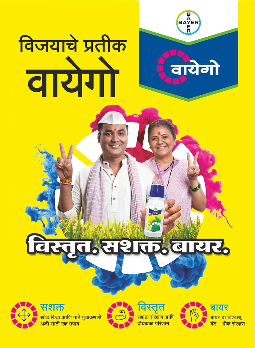 Bayer Vayego branding, featuring the logo, product name, and taglines related to crop protection in multiple languages, including Marathi and Hindi. Design created by Greysell