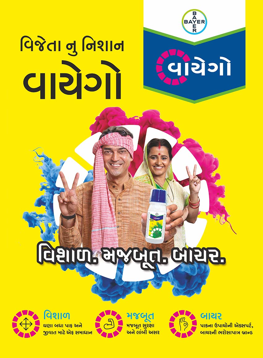 Bayer Vayego branding, featuring the logo, product name, and taglines related to crop protection in Gujarati and other languages. Design created by Greysell