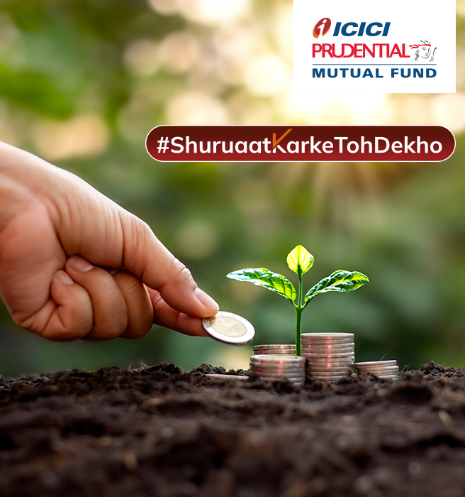 ICICI Prudential Mutual Fund: Hand placing a coin on a stack of coins, nurturing a growing plant. Created by Greysell.