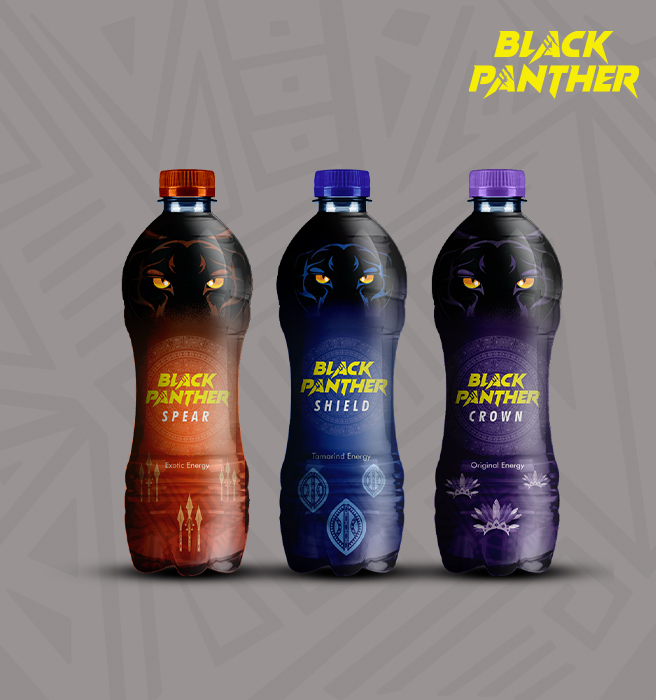 The Black Panther Energy Drink packaging design, created by Greysell, features three bottles with unique designs inspired by the Black Panther movie, each with a distinct flavor.