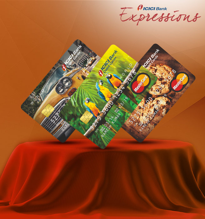 ICICI Bank Debit Cards: Image showcasing three unique debit cards with distinct designs featuring a vintage car, colorful parrots, and a delicious dessert. Designed by Greysell, a leading graphic design agency.