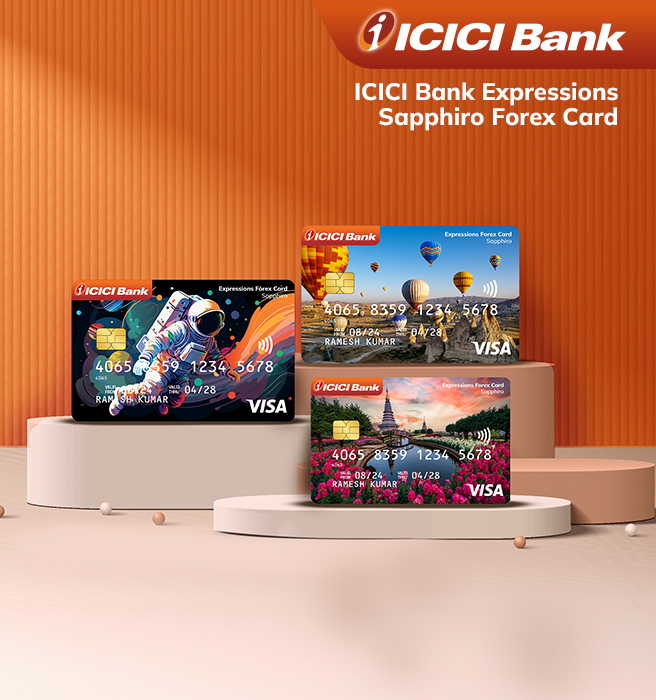 ICICI Bank Expressions Sapphiro Forex Cards: Image showcasing three unique credit cards with visually appealing designs featuring an astronaut, hot air balloons, and a pagoda. Designed by Greysell, a leading graphic design agency.