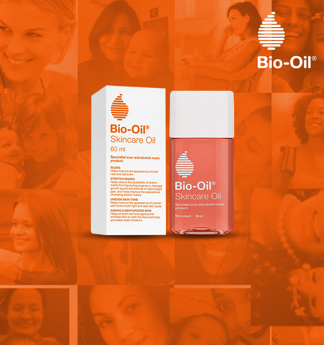 Image showcasing the Bio-Oil product bottle with key benefits highlighted, including scar and stretch mark treatment, uneven skin tone improvement, and aging skin care. This image is likely part of a marketing campaign created by Greysell, a leading video production company, to promote the product's effectiveness.