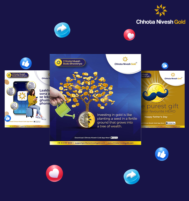 Chhota Nivesh Gold Social Media management: A series of visually appealing social media posts created by Greysell, promoting gold investment with engaging visuals and messages. The posts feature diverse themes, including financial growth, family values, and gifting, targeting a broad audience.