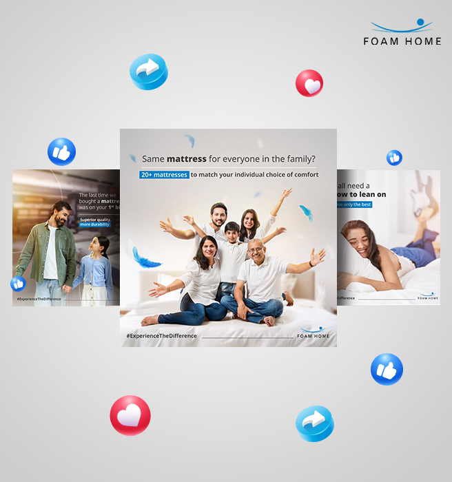 Foam Home: Social media post highlighting the brand's diverse mattress options with the tagline 'Same mattress for everyone in the family? 20+ mattresses to match your individual choice of comfort.' The post emphasizes the importance of personalized comfort and encourages viewers to experience the difference.