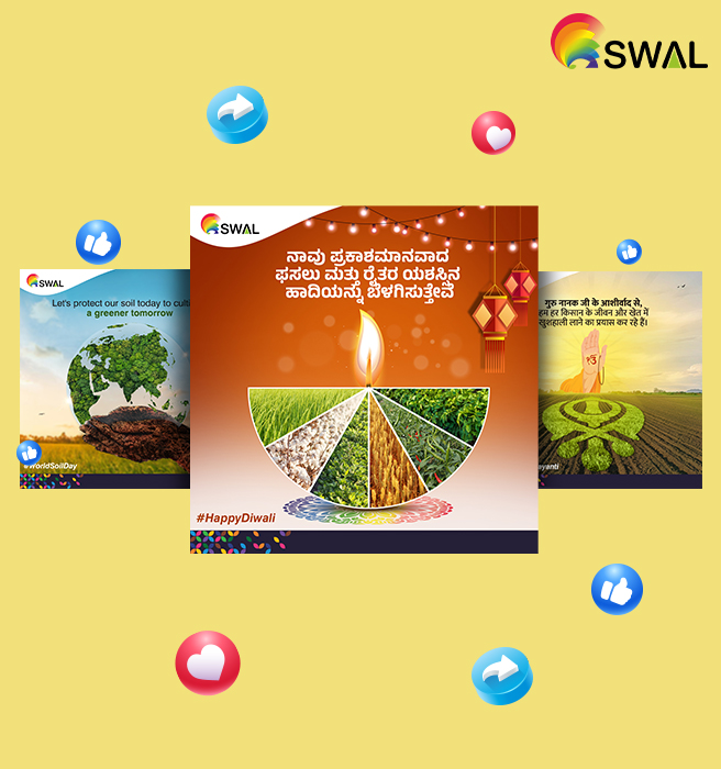 SWAL Social Media management: A series of visually appealing social media posts designed by Greysell, highlighting the company's commitment to sustainable agriculture and celebrating Diwali with messages of prosperity and environmental consciousness.